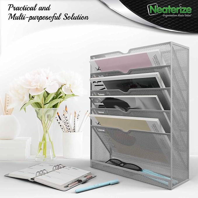 NEATERIZE Item Container, Mail Organizer for Wall, Mesh Hanging File Organizer, For Papers, Folders, Files Clipboard & Magazine Organization - Home, Office Classroom, Metal, Paper, Gray - Image 2