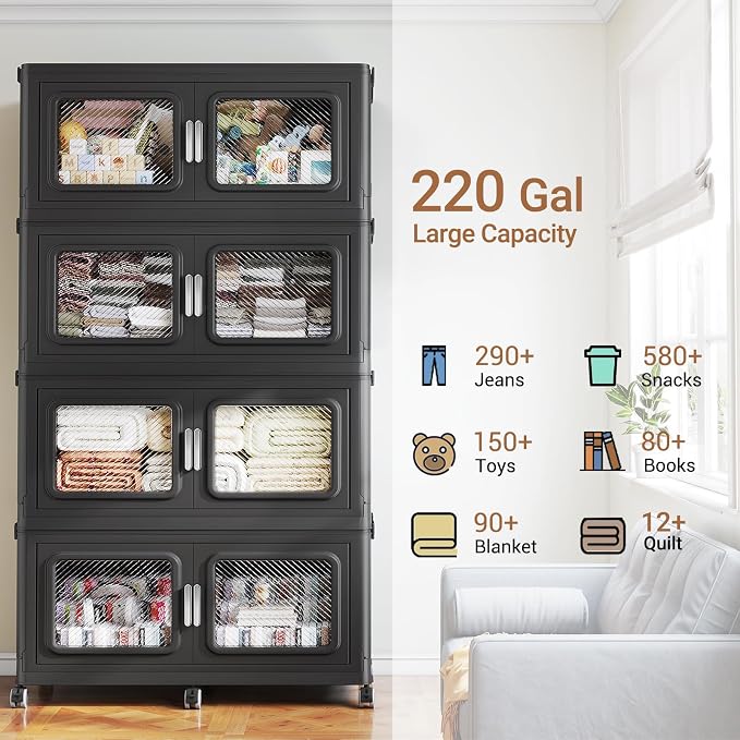 BROVIEW 880 Qt Extra Large Stackable Storage Bin with Lids, 4 Pack Black | 220Gal Extra Large, Collapsible Storage Boxes with 4 Lids, Folding& Rolling Plastic Drawer, Heavy-Duty Cabinet Organization - Image 7