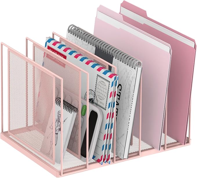 File Organizer for Desk, 5-Section Vertical File Sorter, Paper Holder Organizer Standing Metal File Folder for Office Home Classroom, Pink by JMHUD