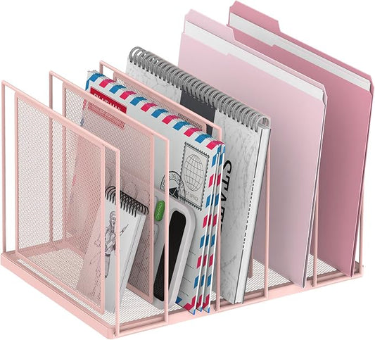 File Organizer for Desk, 5-Section Vertical File Sorter, Paper Holder Organizer Standing Metal File Folder for Office Home Classroom, Pink by JMHUD