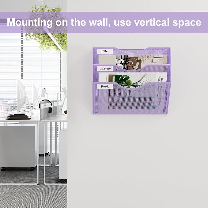 EasyPAG 3 Pocket Mesh Wall File Organizer, Hanging Paper Folder Holder with Classify Label, Vertical Wall Mount Mail Organizer for Office Home Classroom, Purple - Image 4