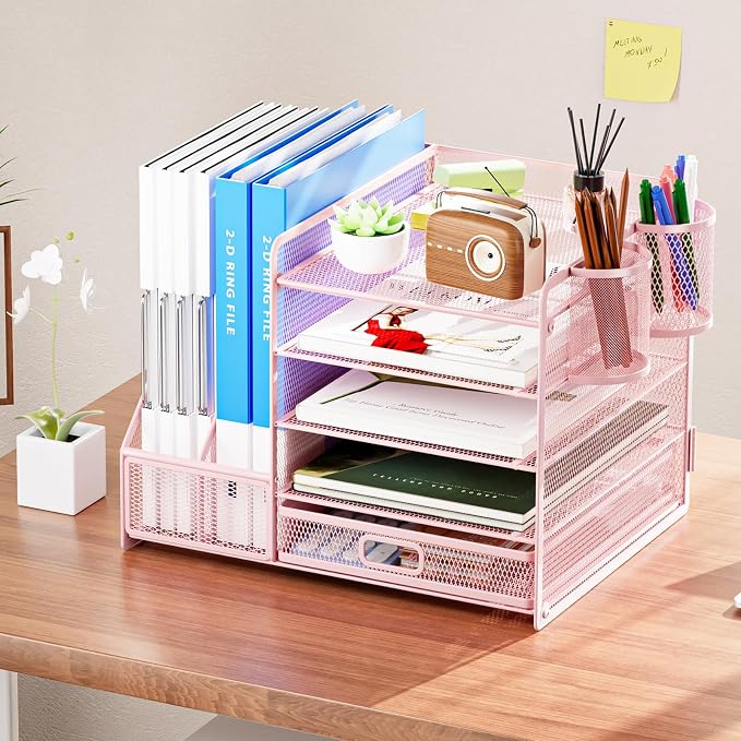 Marbrasse Desk Organizer with File Holder, 5-Tier Paper Letter Tray Organizer with Drawer and 2 Pen Holder, Mesh Desktop Organizer and Storage with Magazine Holder for Office Supplies(Pink) - Image 3