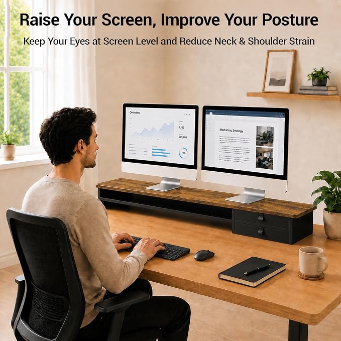 Dual Monitor Stand, 42.5 Inch Wood Monitor Riser with Drawers, 2 Tier Desktop Organizer for Computer Laptop TV, Large Screen Stand for Home Office Desk - Image 3