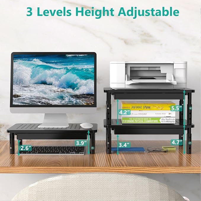 WALI Computer Monitor Stand with Storage, Desk Monitor Riser 3 Height Adjustable, Laptop Riser with Airflow Vents, Desk Organizer for Computer, Laptop, Printer, Notebook (STT003D-B), 1 Pack, Black - Image 6