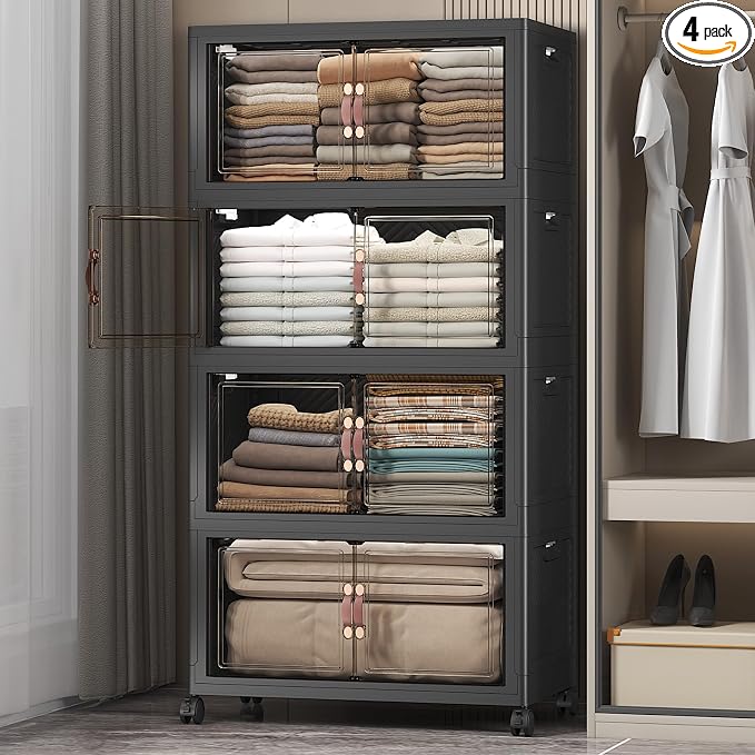 Stackable Storage Bins, 480QT Collapsible Drawers with 1 Lid | Large Capacity, Magnetic Door, Stack Lock, Rolling Wheels, Foldable Design, Organizers and Storage for Bedroom Dorm Garage by UAMFURIDirect