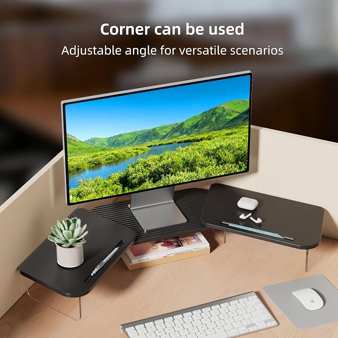 AFOOYO LED Dual Monitor Stand Riser for 2 Monitors,Office Desktop Wooden Stand Adjustable Length and Angle 3 Shelf,Extra Long Multifunctional Stand up to 39.3" for Computer,Laptop,TV,Black - Image 4