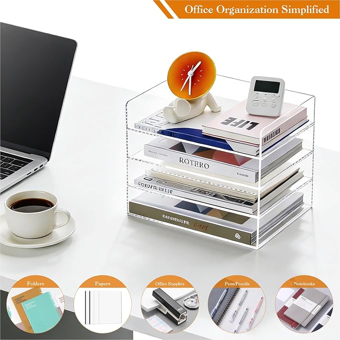 HeZone 4 Tier Paper Organizer for Desk,Acrylic Paper Tray,Clear Stackable Desk Organizer for Document, Office File,A4 Paper - Image 7