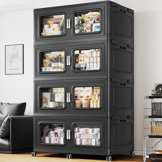 BROVIEW 220Gal Extra Large Storage Bins with Lid and Wheels, Black, 4 Pack | 4 lid Plastic Cabinets Stackable Collapsible Foldable Storage Box Total 880 Quart Organizer Drawers For Home Office Garage by BROVIEW-EnjoytheArtofLife