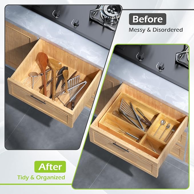 Bathroom Drawer Organizer Trays, Bamboo Silverware Drawer Organizer Kitchen Utensils, 8 PCS Wood Box Stackable Bins for Makeup, Office Desk, Vanity, Junk Drawer - Image 4