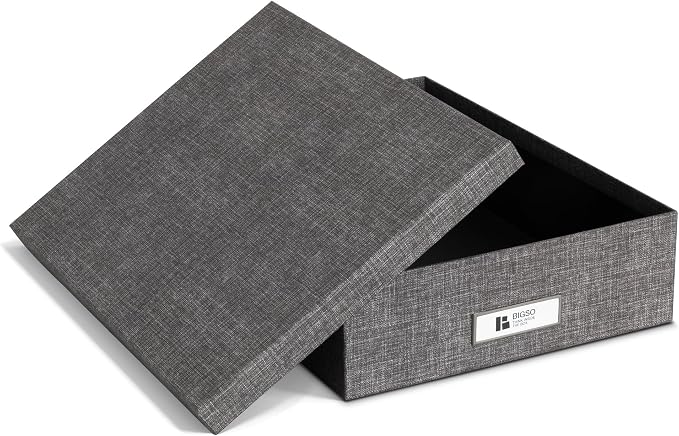 Bigso Oskar Canvas Fiberboard Document Letter Box for Important Paperwork A4 or Letter Size - Durable Keepsake Box with Lid and Metal Label Holder - 3.3in x 10.2in x 13.8in - Melange Grey - Image 3