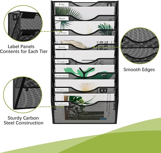 EasyPAG 8 Pocket Mesh Wall File Organizer, Hanging Paper Folder Holder with Classify Label, Vertical Wall Mount Mail Organizer for Office Home Classroom, Black - Image 3