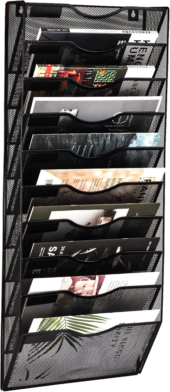 10 Pocket Mesh Hanging Wall File Organizer, Wall Mounted Mail Paper Document Folder Holder, Clipboard Storage Organization Magazine Rack with Nametag Label for Office Home School, Black by EASEPRES