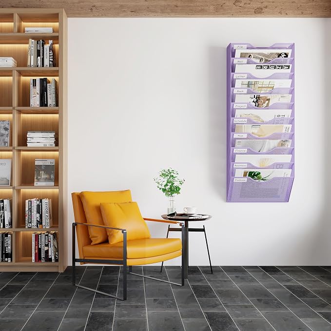 EasyPAG 10 Pocket Mesh Wall File Organizer, Hanging Paper Folder Holder with Classify Label, Vertical Wall Mount Mail Organizer for Office Home Classroom, Purple - Image 6