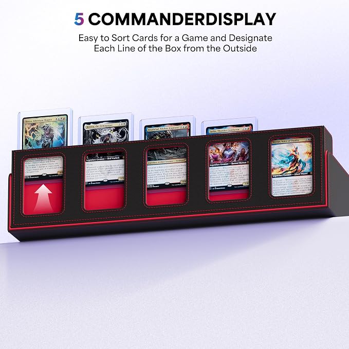 UAONO 5-Row Trading Card Storage Box with Commander Display, Black Red | 3900+ Card Box with Removable Cover, Card Case Fits MTG TCG Sports Cards, 48 Dividers, 5 Stoppers, 5 Top Loaders, Dice Box - Image 4
