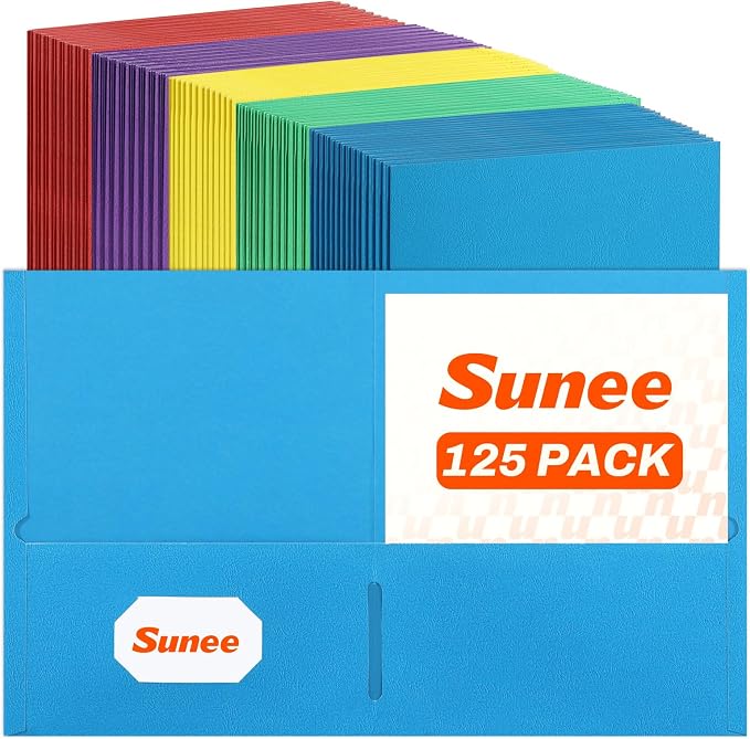SUNEE Folders with Pockets(125 Pack, Assorted Colors), 2 Pocket Folders Fit Letter Size Paper, Paper File Folder for School Office Home Bussiness by SUNEE