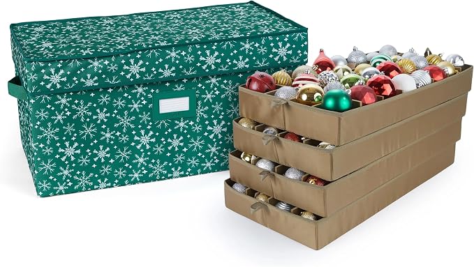 Covermates Keepsakes Adjustable Ornament Storage Box – Heavy-Duty Polyester, Padded Dividers & FlexGrid Trays – Protective Holiday Organizer with Stackable Walls & Label Window, Green Snowflake by Covermates