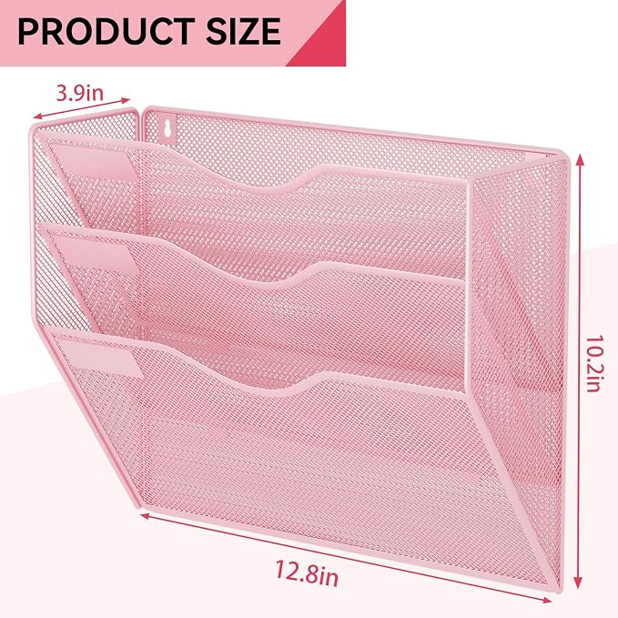 3 Pockets Hanging Wall File Organizer Mail Holder, Wall Mounted Paper Document Folder Holder, Clipboard Storage Organization Magazine Rack, Pink - Image 3