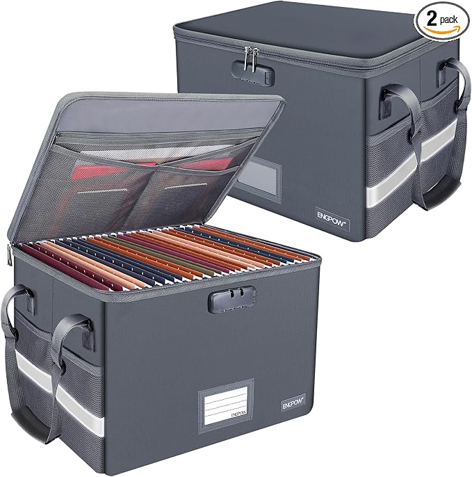 ENGPOW File Box with Lock, Fireproof Document Box with Pockets, Collapsible File Organizer Filing Storage Cabinet with Handle, Portable Home Office Safe for Hanging Letter/Legal Folders,Gray,2 Pack by ENGPOW