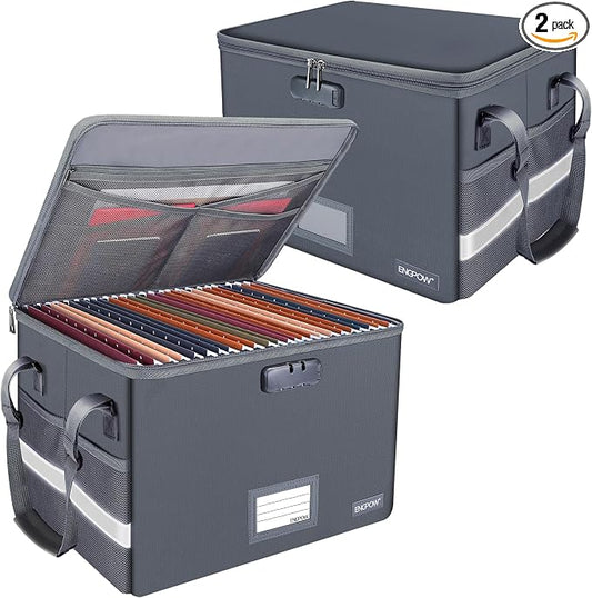 ENGPOW File Box with Lock, Fireproof Document Box with Pockets, Collapsible File Organizer Filing Storage Cabinet with Handle, Portable Home Office Safe for Hanging Letter/Legal Folders,Gray,2 Pack by ENGPOW