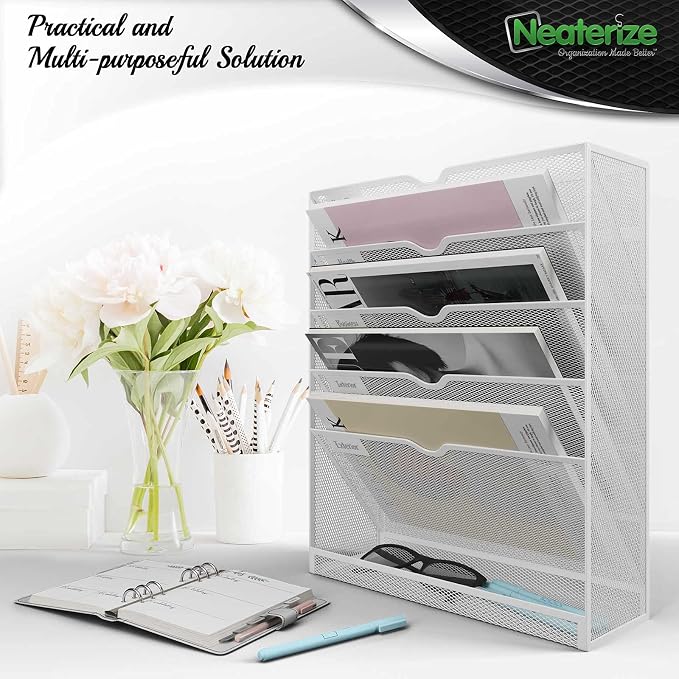 NEATERIZE Item Container, Mail Organizer for Wall, Mesh Hanging File Organizer, For Papers, Folders, Files Clipboard & Magazine Organization - Home, Office Classroom Or Doctor, Metal, White - Image 2
