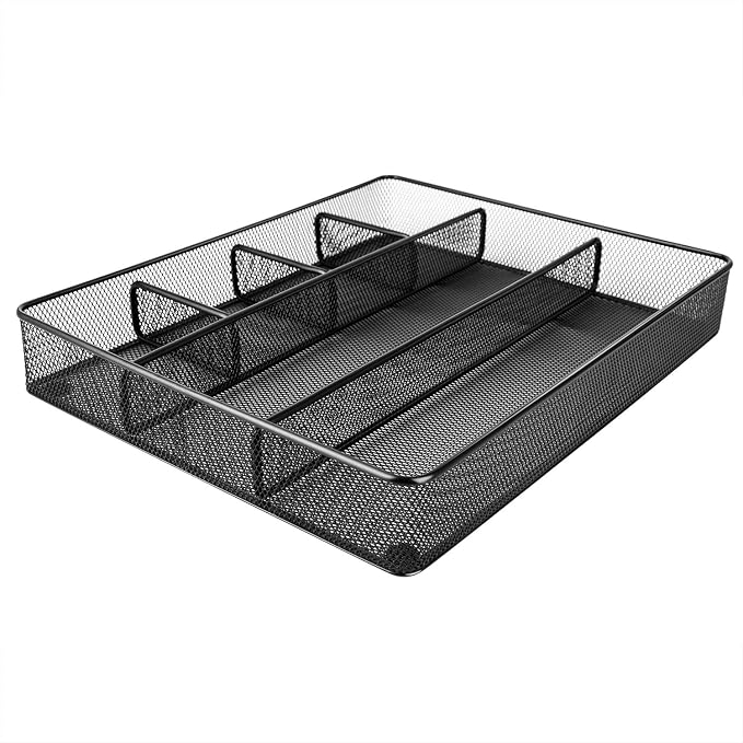 Amazon Basics Metal Mesh Desk Organizer with 6 Compartments, Anti-Slip Pen Holder Storage Tray for Office Supplies and Home, Black by AmazonBasics