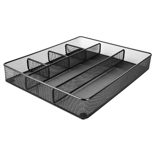 Amazon Basics Metal Mesh Desk Organizer with 6 Compartments, Anti-Slip Pen Holder Storage Tray for Office Supplies and Home, Black by AmazonBasics