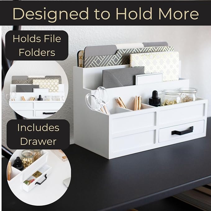 BLU MONACO | White Desktop Organizer with Drawer Storage | Tabletop Organizer with Drawers for Paper Bills Mail | Wooden Mail Organizer for Countertop Workspace - Image 4