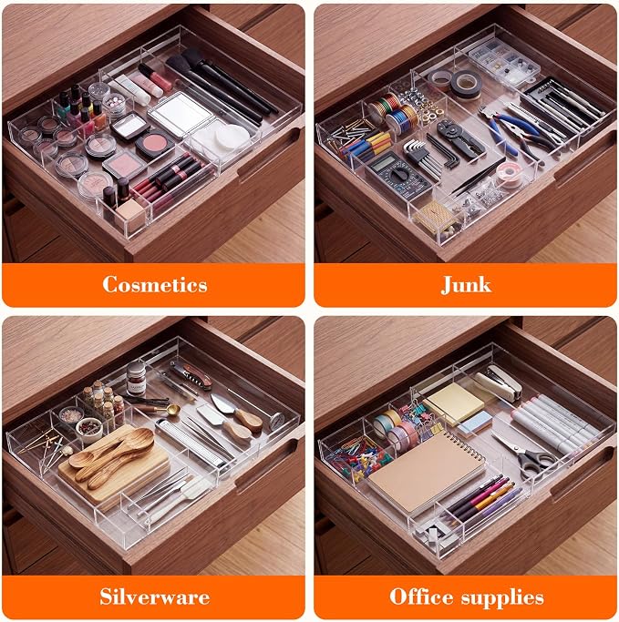 Briwooody Clear Acrylic Drawer Organizer Expandable,11 Compartments,Small | 9'' up to 18'' x 12'' x 2.1'' Desk Drawer Organizer Trays Adjustable with Desk Accessories for Makeup Office Bathroom - Image 5