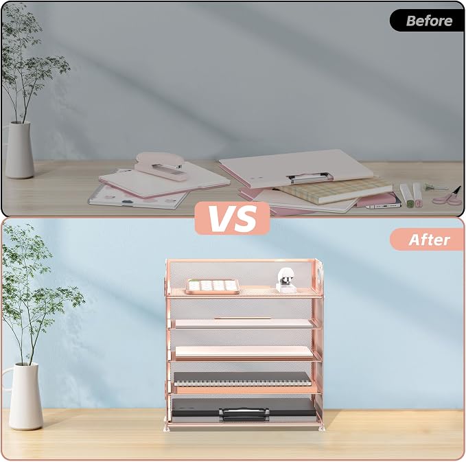 5 Trays Paper Organizer Letter Tray with Handle-Mesh Desk File Organizer, Paper Sorter Desk Organizer for Office, Home or School (Rose Gold) - Image 6