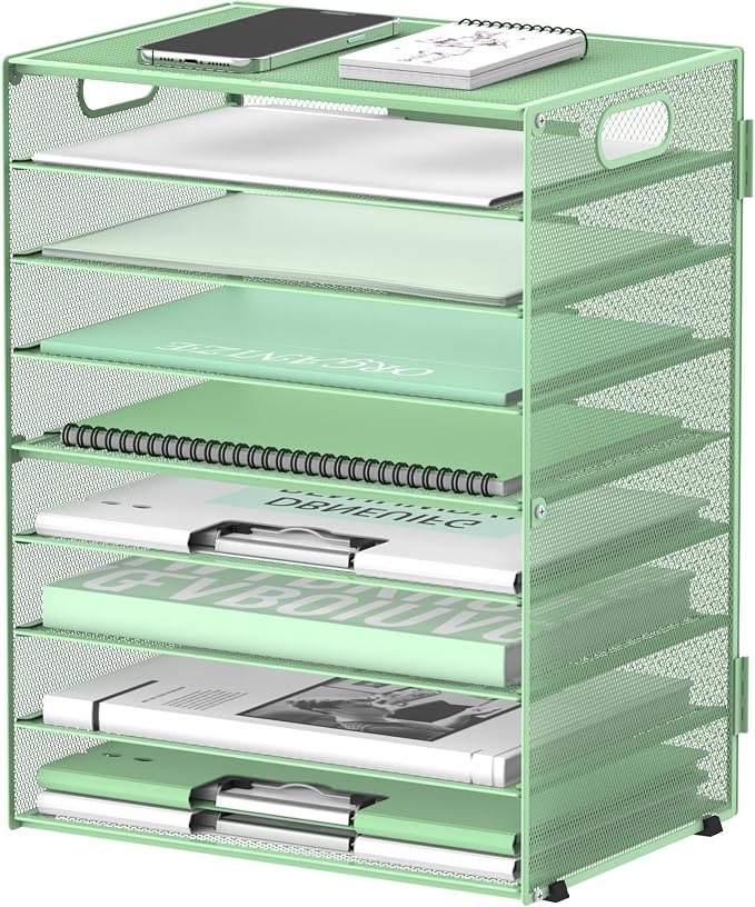 9-Tier Paper Organizer for Desk, Metal Letter Tray with Handles, Mint Green | Desk File Organizer with Removable Trays for Sorting Files, Folders, Mail and Printer Paper at Home, School or Office by DALTACK