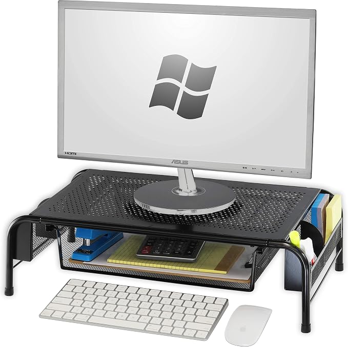 SimpleHouseware Metal Monitor Stand Riser with Drawer + Mesh Monitor Stand Riser - Image 2