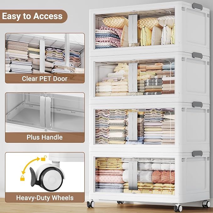 BROVIEW 480QT Stackable Storage Bins with Lids, 120Gal Extra Large Collapsible Storage Box with Wheel, Plastic Storages with Clear Door Open Front for Home Kitchen Garage, White-3pack(3 lids) - Image 5