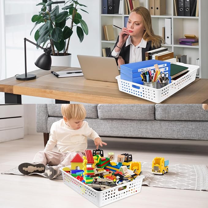 12 Pcs Plastic Storage Baskets Bulk 14 x 10 In Stackable Storage Bin with Handles A4 Size Desktop File Letter Organizer Tray Multi-purpose Container for Shelve Desktop Classroom Office Home Playroom - Image 6