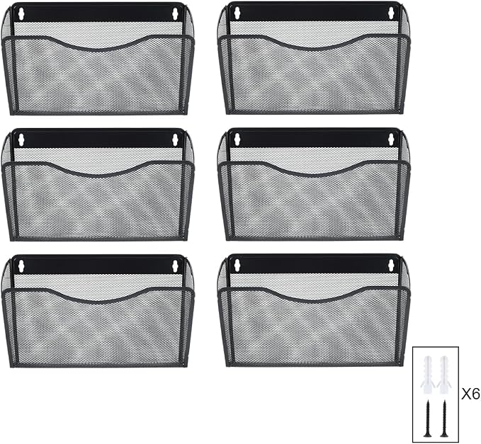6 Pockets Wall File Organizer Metal Mesh Hanging Document Paper Holder Wall Mount Magazine Rack for Business Home Office Classroom, Black - Image 7