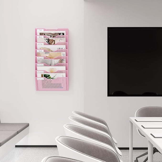 EasyPAG 8 Pocket Mesh Wall File Organizer, Hanging Paper Folder Holder with Classify Label, Vertical Wall Mount Mail Organizer for Office Home Classroom, Pink - Image 8