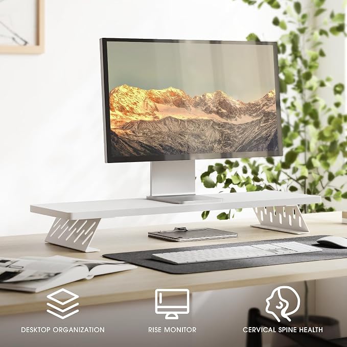 Fenge Monitor Stand Riser, Wooden & Metal Desk Shelf Organizer, White | 31.5in Computer Stand, Single Monitor Setup, for Compact Work Station, Multifunctional Monitor Shelf for Laptop, PC, Printer - Image 2