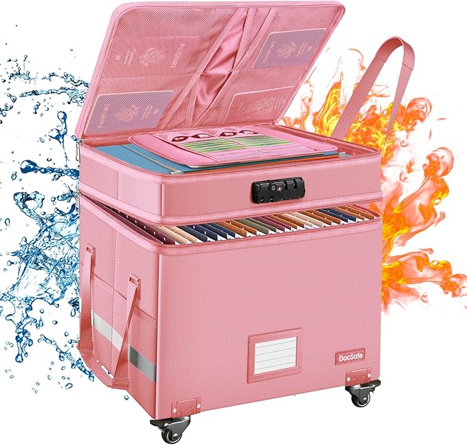 DocSafe File Box with Lock,2-Layer Fireproof Document Box with Wheels,Collapsible Rolling File Storage Organizer with Pockets,Large Portable Home Office Filing Cabinet Safe for Hanging Folders,Pink by DocSafe