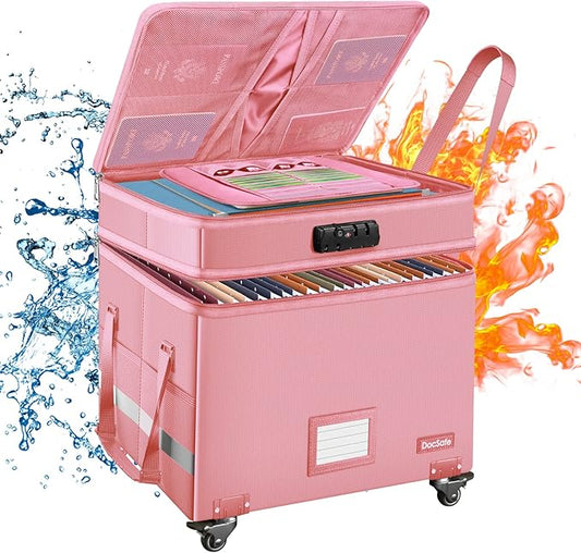 DocSafe File Box with Lock,2-Layer Fireproof Document Box with Wheels,Collapsible Rolling File Storage Organizer with Pockets,Large Portable Home Office Filing Cabinet Safe for Hanging Folders,Pink by DocSafe