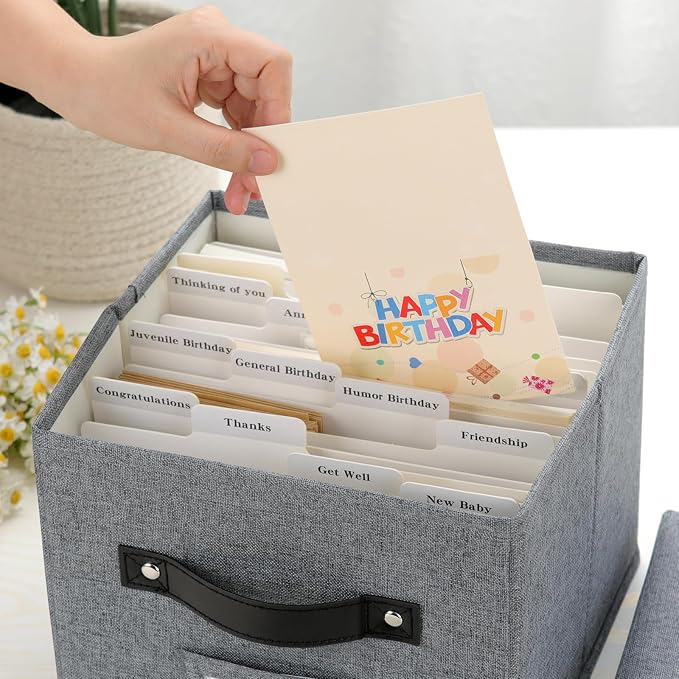Greeting Card Organizer with dividers - Storage Box with lid Holds 150+ Cards - Assortment Box for Greeting Cards,Recipes, Photos, Envelopes, Keepsake - 9 x 9 x 7 Inches (Gray, 1 pcs) - Image 6