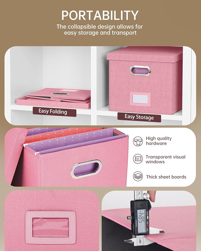 File Organizer, File Box, File Cabinet for Letter File Folder Storage, Portable Storage Bins with Lids for Office/Decor/Home, 1 Pack, New-pink-Box only - Image 2