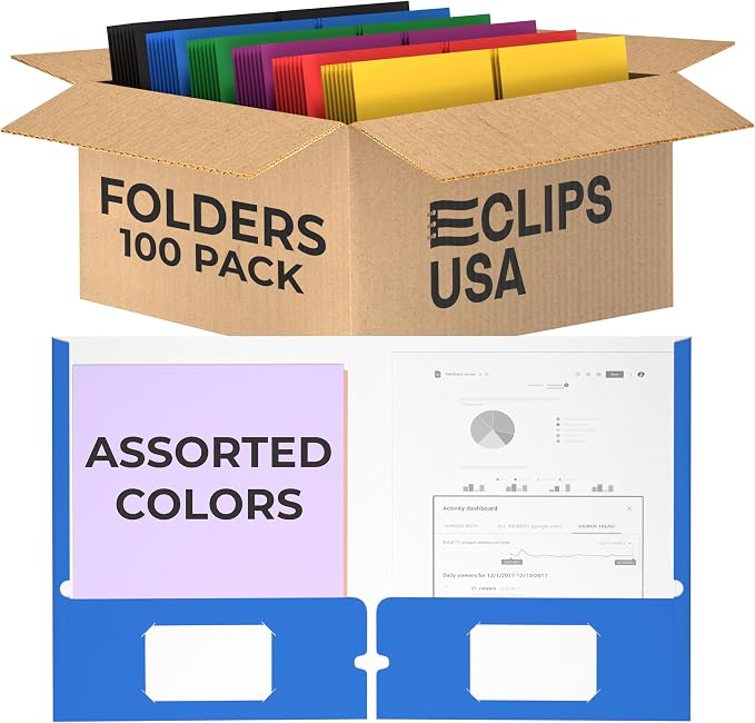 Folders with Pockets 2 Pocket Folders Bulk, Holds 100 Sheets (50 Sheets Per Pocket) Assorted Colors Office Or School (100 Pack) by VEEBOOST