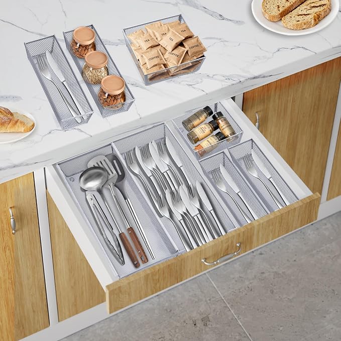 Neudeco Silverware Drawer Organizer, Pack 5, Silver | Utensil Organizer, For Large Utensils, Interlocking Arm, Cutlery Tray for Knives Fork Spoon - Image 4