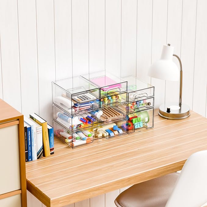 8 Pack Clear Stackable Storage Drawers,Acrylic Drawer Organizer for Medicine,Palettes,Hair Accessories and Makeup Organizer,Plastic Drawers for Cabinet,Office,Desk,Bathroom Storage Containers - Image 2