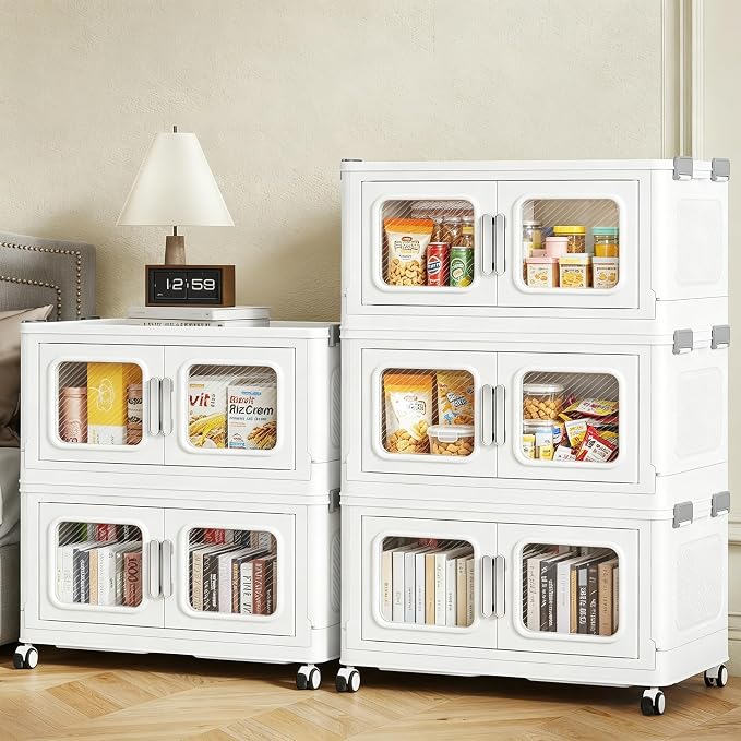 BROVIEW 250 Qt/62.5 Gal Stackable Storage Bins with Lids, 5 Pack, White | Small Stackable Storage Boxes w/ 5 Lid Folding Plastic Cart Organizer for Home Kitchen, Open Front Clear Door with Wheels by BROVIEW-EnjoytheArtofLife