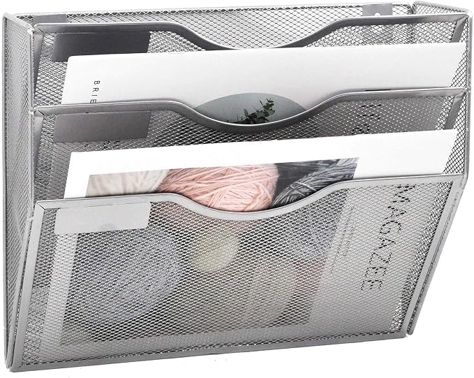 3 Pocket Mesh Hanging Wall File Organizer, Wall Mounted Mail Paper Document Folder Holder, Clipboard Storage Organization Magazine Rack with Nametag Label for Office Home School, Silver - Image 4