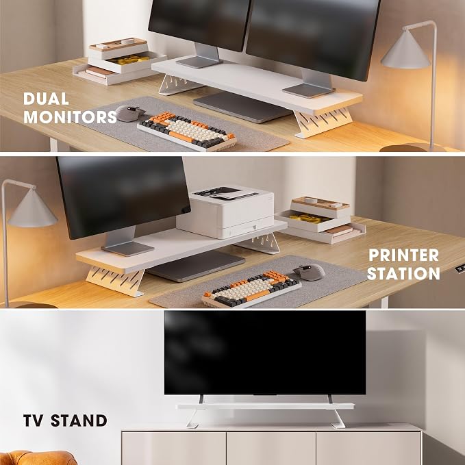 Fenge Monitor Stand Riser, Wooden & Metal Desk Shelf Organizer, White | 31.5in Computer Stand, Single Monitor Setup, for Compact Work Station, Multifunctional Monitor Shelf for Laptop, PC, Printer - Image 7