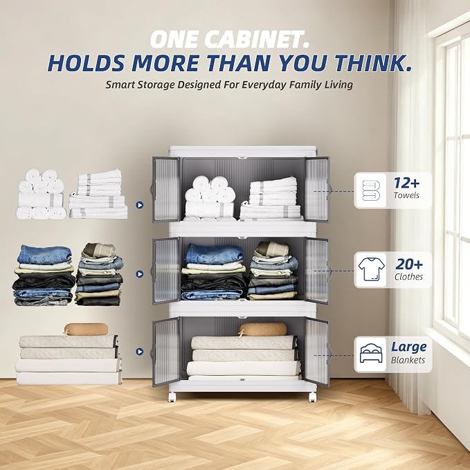 SAILUN 348Qt Stackable Storage Bins,Storage Cabinet with a Lid,3 Pack White | Stackable Storage Drawers with Lids,26" W x 17" D x 43.7" H,Featuring open-front Access for Clothes and Closet Storage - Image 5
