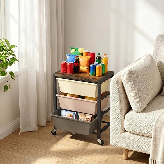 Rolling Cart with 3 Drawers, Plastic Drawer Storage Carts with Lockable Wheels & Wooden Tabletop, Metal Art Craft Utility Cart Organizer for Home Office Bedroom Dorm Bedside Classroom, Dark Brown - Image 7