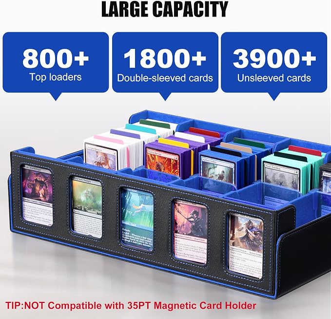 Trading Card Storage Box with Commander Display , 5-Row Deck Case with Removable Lid; 3900+ Card Deck Box for MTG TCG Sports Card, 5 Top Loaders, 5 Stoppers, 48 Dividers,1 Dice Tray (Black Blue) - Image 2