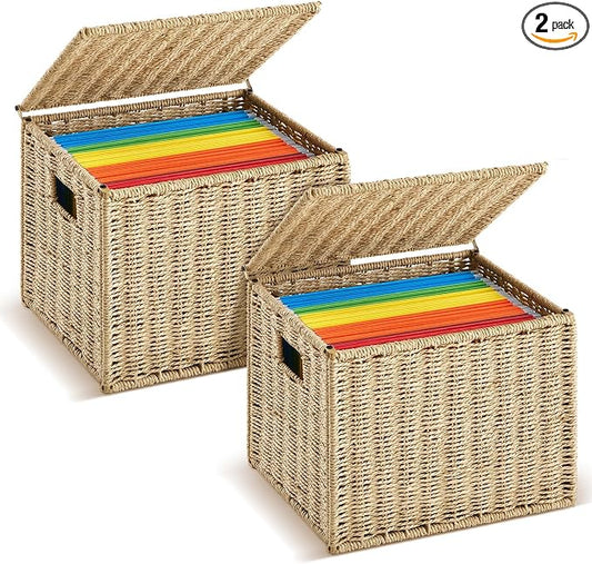 Jingmore 2 Pack Paper Rope File Box Organizers Collapsible Letter Size Filing Cabinet with Lid Woven Hanging File Basket Portable Decorative Document Storage Box for Office/Decor/Home (Letter Size) by Jingmore